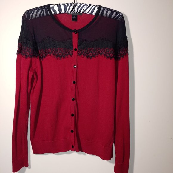 August Silk Heritage Buttons Cardigan Red wtih Black Sheer &  Lace Panel Size XL - Picture 1 of 8